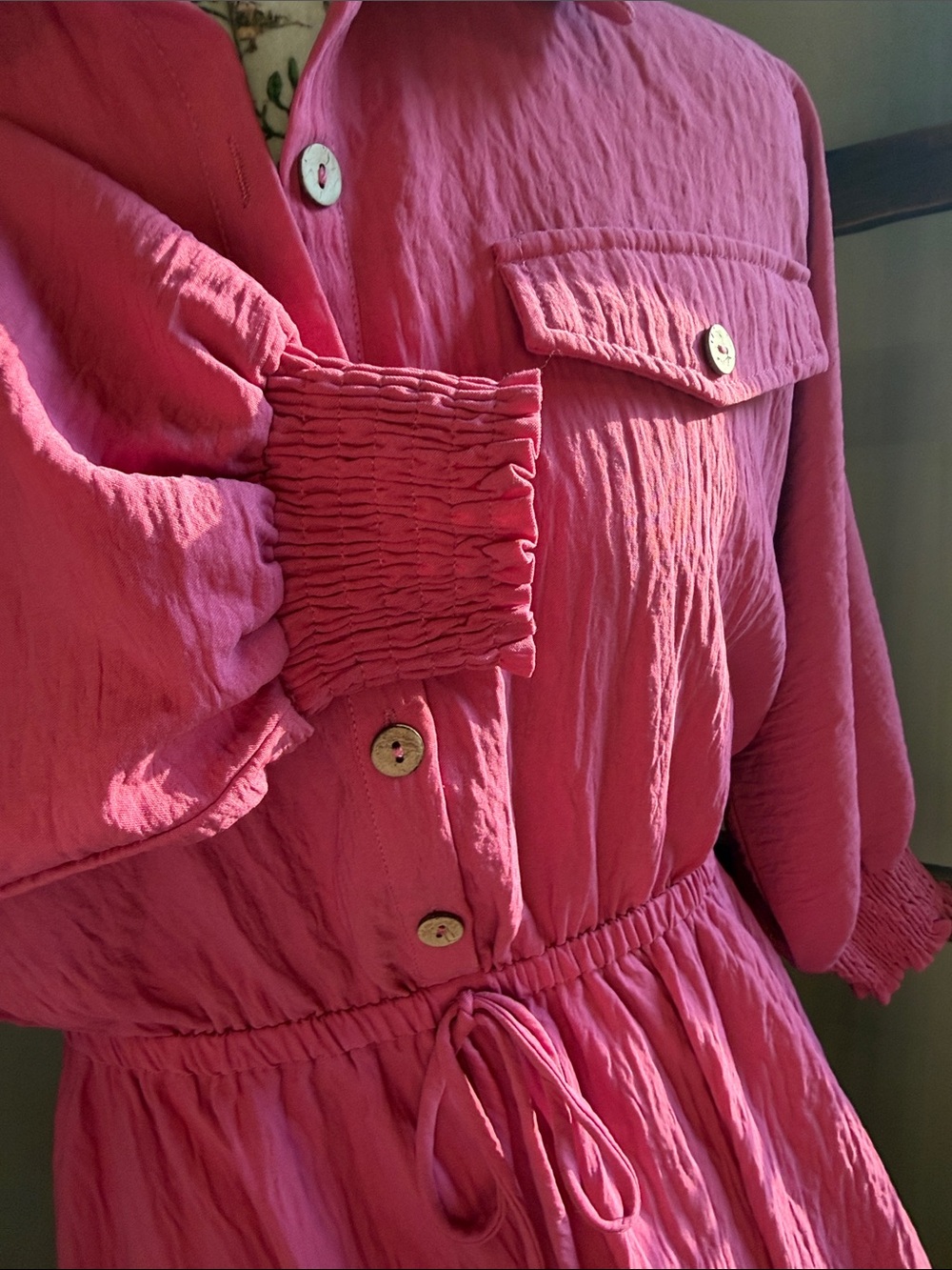 ODDY Pink Button-Front Drawstring Shirt Dress - Picture 2 of 5